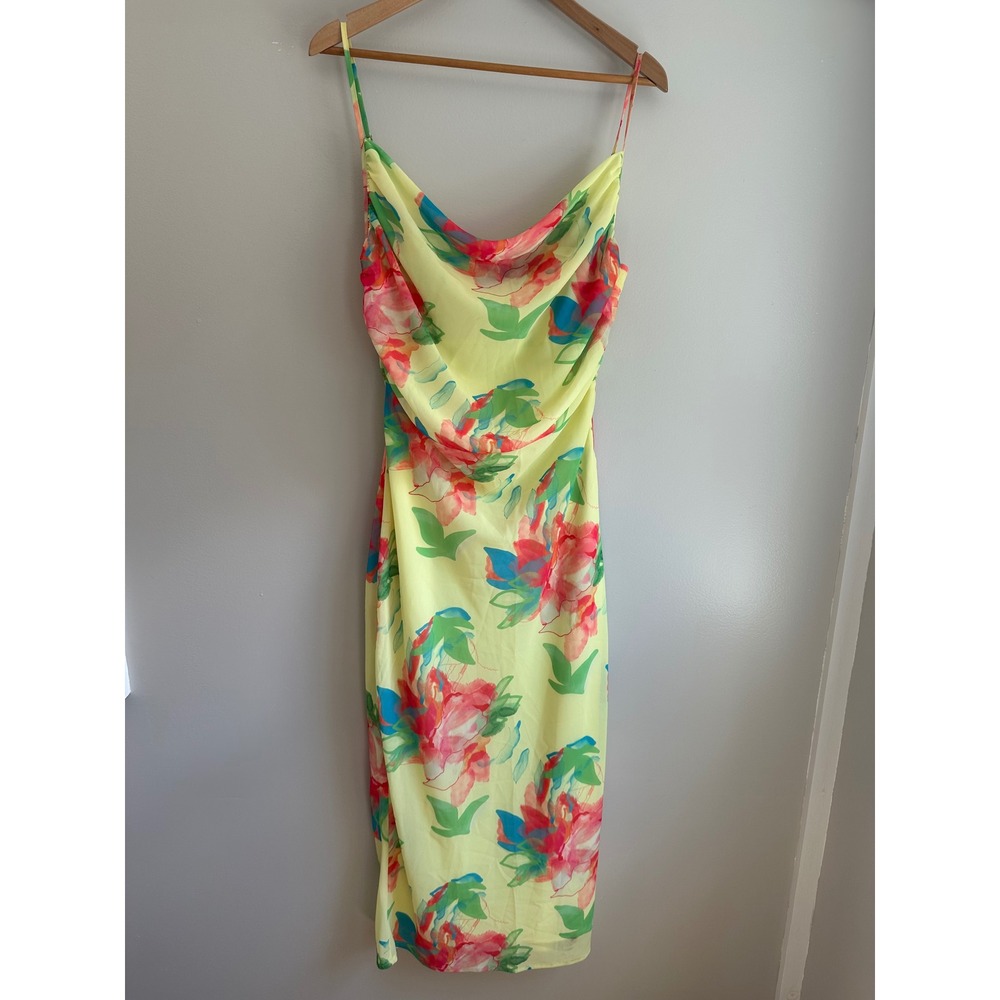 Pretty Lavish Keisha Floral Midi Dress Women 10 Yellow Cowl Neck Ruched Chiffon - Picture 3 of 12
